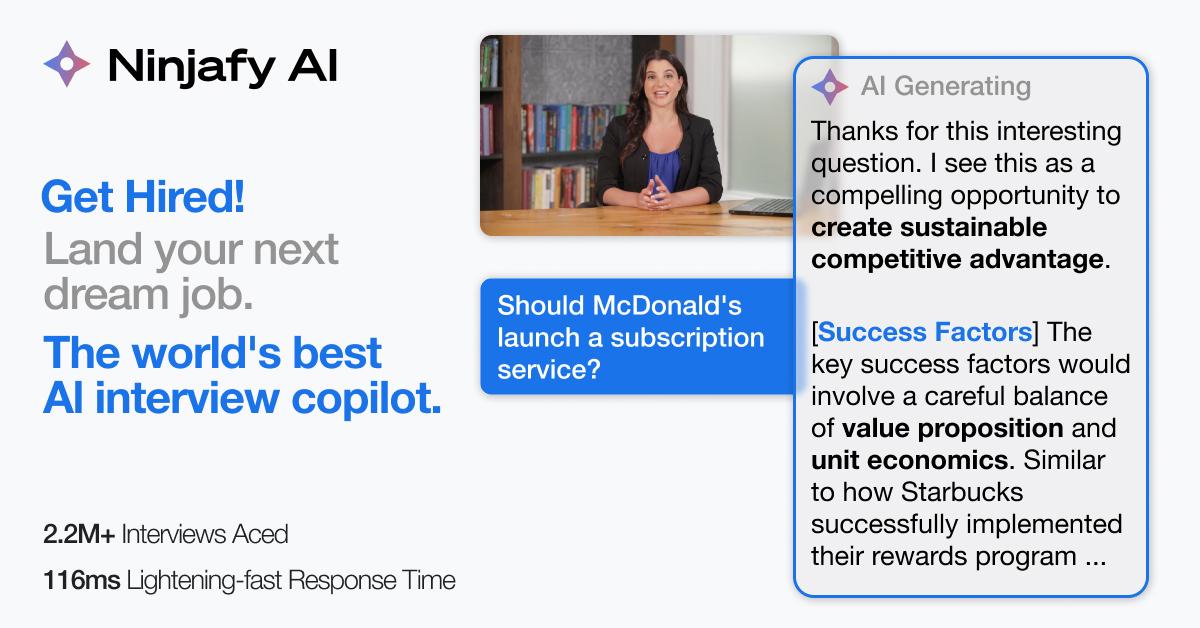 AI interview copilot interface showing behavioral question about McDonald's subscription service with professional response